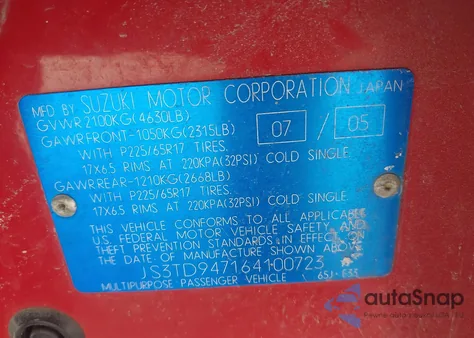 2006 Suzuki Grand Vitara Luxury z USA, uszkodzony, nr VIN JS3TD947164100723